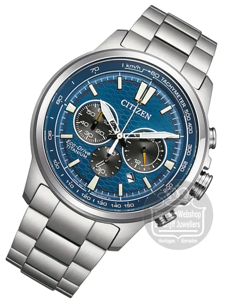 Citizen CA4570-88L horloge chronograaf titanium met blauwe wijzerplaat