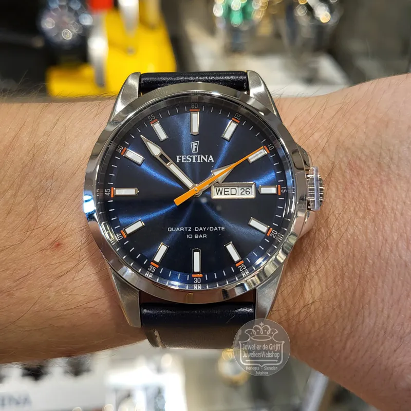 Festina horloge F20358 3 heren staal met blauwe wijzerplaat