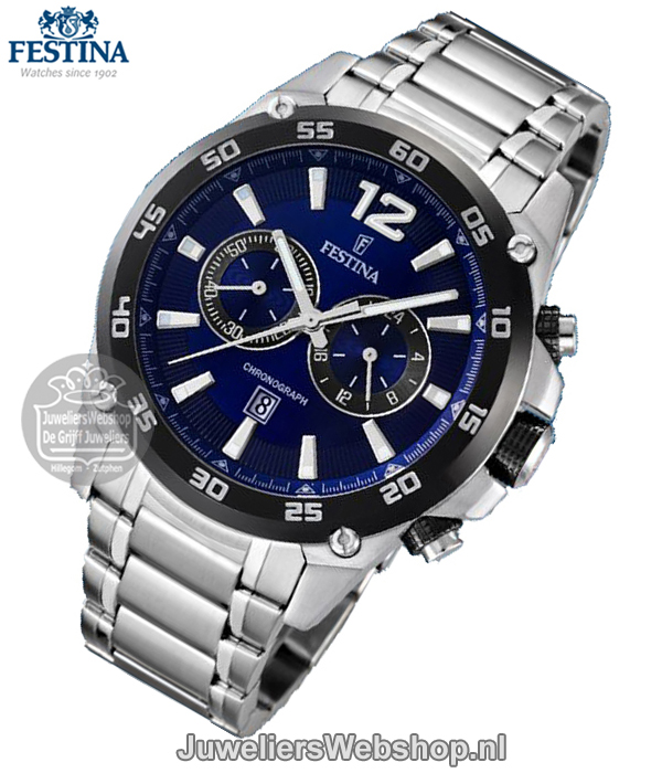 festina chronograaf horloge f16680-2 staal blauwe wijzerplaat