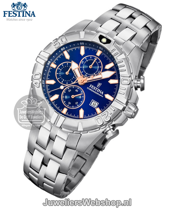 festina chronograaf horloge f20355-5 staal blauwe wijzerplaat