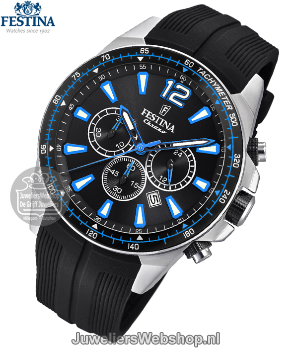 festina chronograaf horloge f20376-2 zwart met blauw