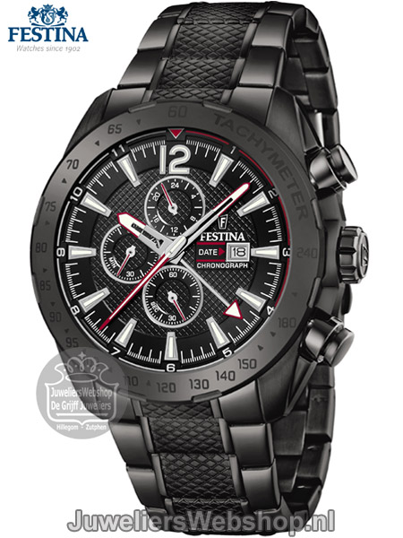 Festina  F20443/1 chronograaf heren horloge staal zwart met rood