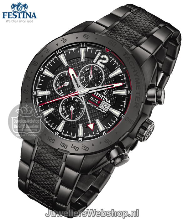 festina chronograaf horloge f20443/1 staal zwart met rode wijzerplaat