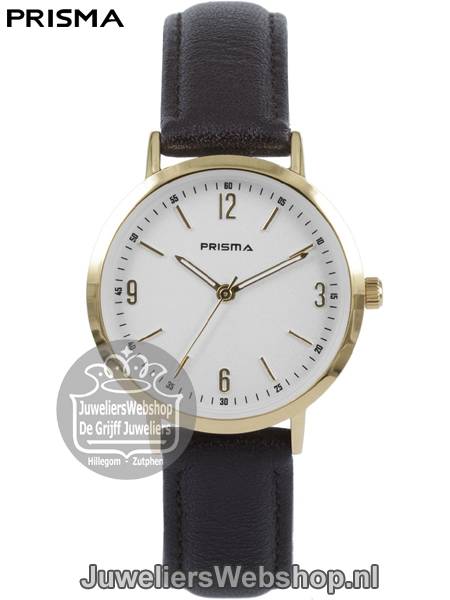 Prisma Horloge P1508 Slimline Dames Witte Wijzerplaat en Goudkleurige Kast