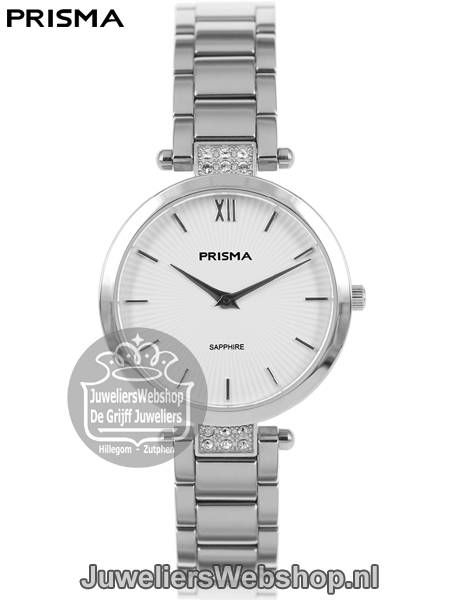 Prisma Horloge P1975 Simplicity Strass Staal Dames Witte Wijzerplaat