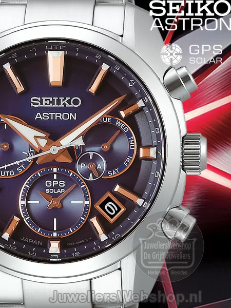 uitlijning zweep einde Seiko Astron horloge SSH049J1 heren GPS Solar Dual Time Staal Blauw