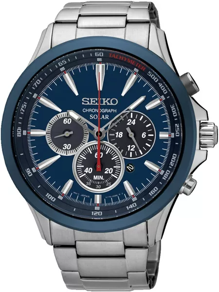 Seiko Solar chronograaf horloge SSC495P1 staal met blauwe wijzerplaat