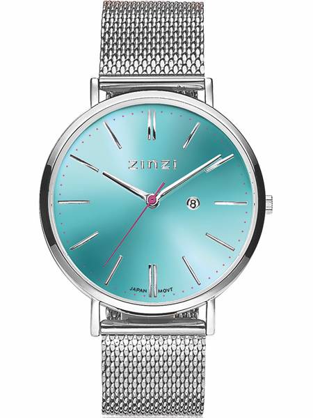 zinzi retro horloge zilver met blauw-groene wijzerplaat ziw411m