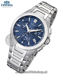 festina chronograaf horloge f16678-2 staal blauwe wijzerplaat
