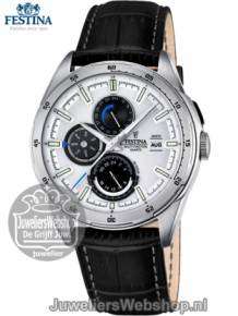 Festina horloge F16877-1 heren staal multifunctie zilver met zwart lederen band