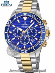 Festina  F20363/2 chronograaf heren horloge staal bicolor met blauwe wijzerplaat
