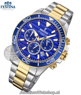 festina prestige chronograaf horloge f20363-2 staal blauwe wijzerplaat