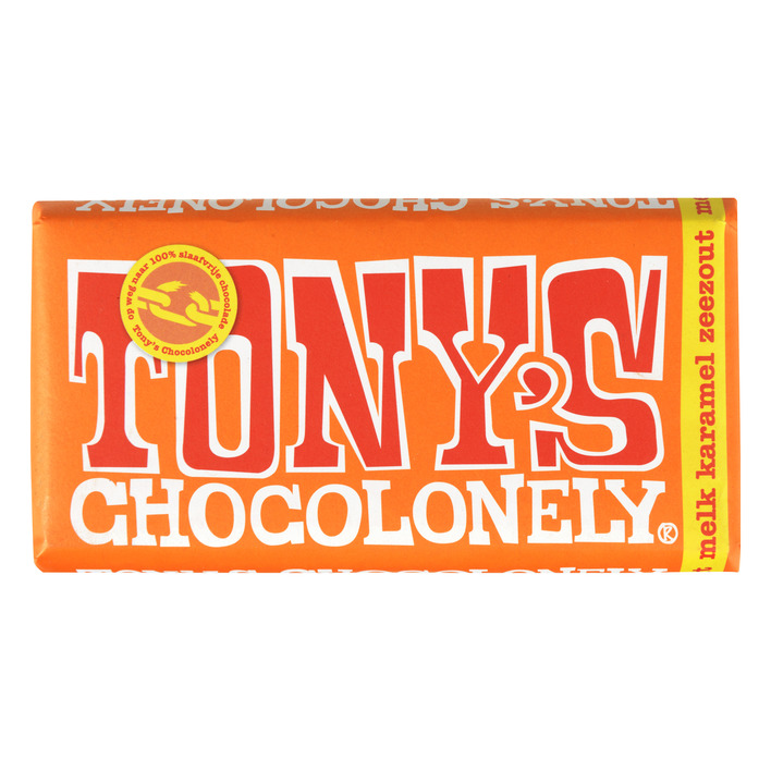 Tony's Chocolonely chocolade melk/caramel/zeezout (180 gr.)