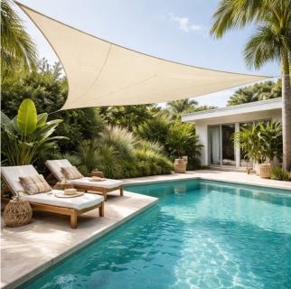 Zonnezeil 3,5x3,5x4,95m 160gr 90° crème waterdicht sfeer