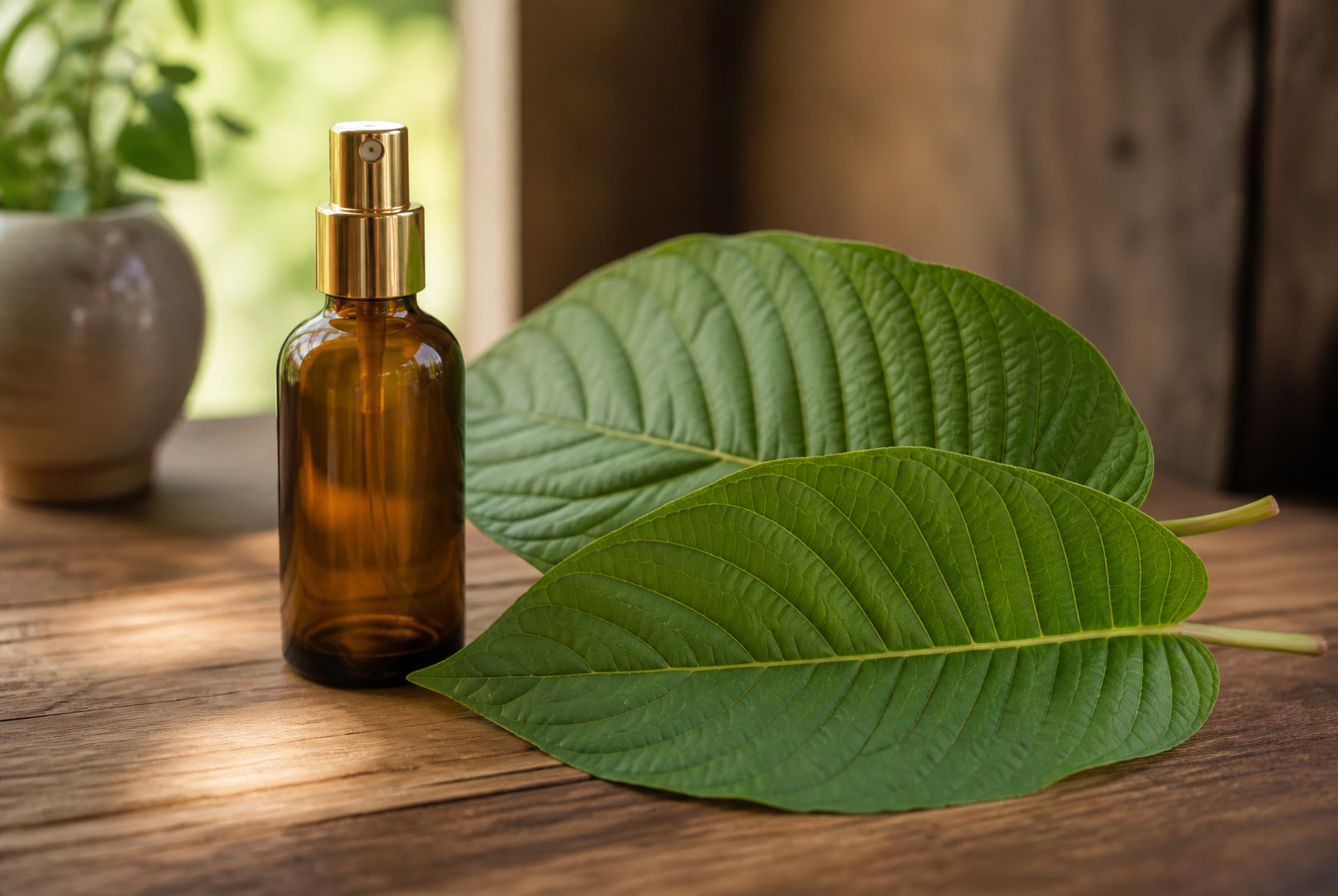 7-OH kratom spray naast kratomblad op houten ondergrond