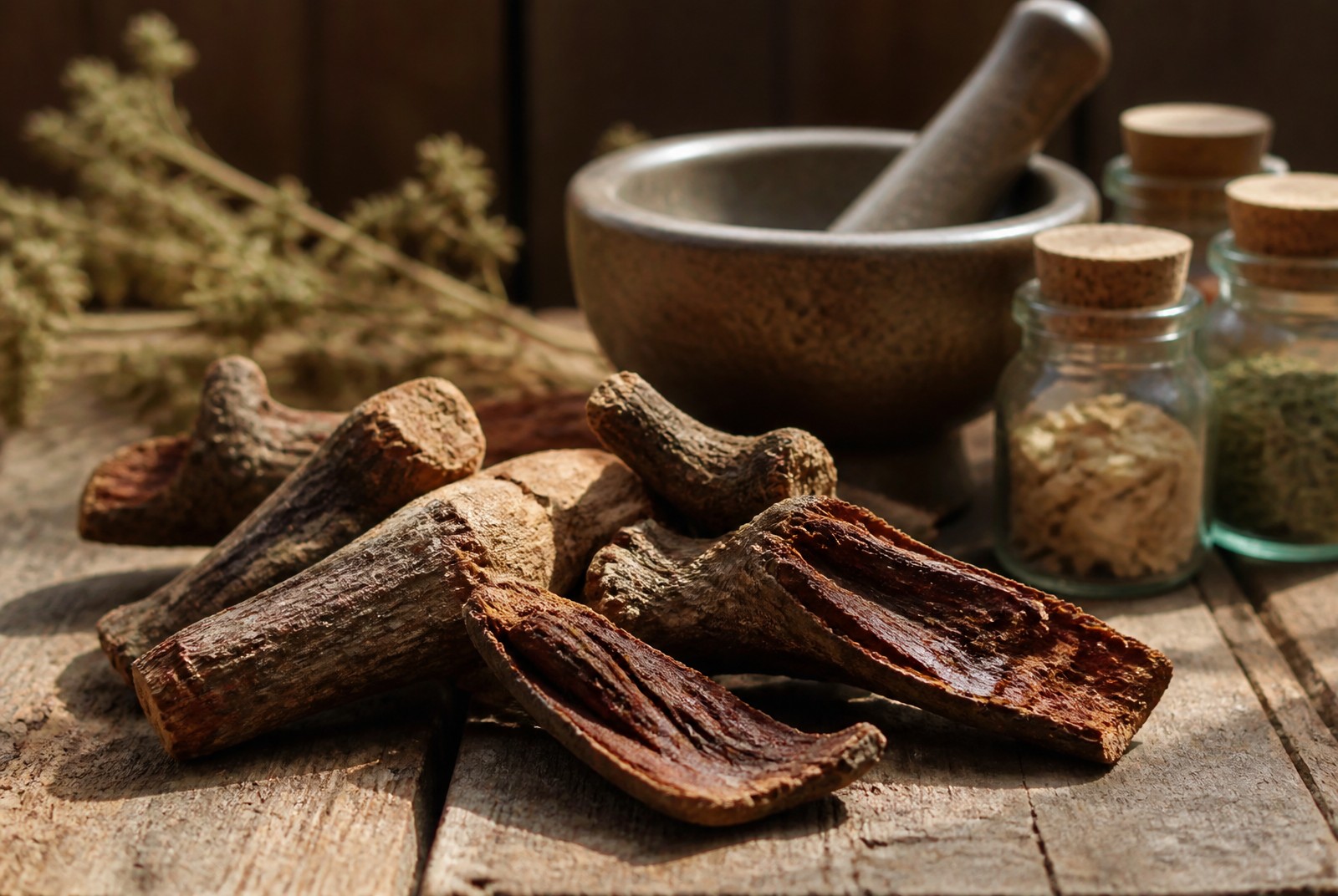Dried Mimosa hostilis (Jurema Preta) root bark on a wooden surface