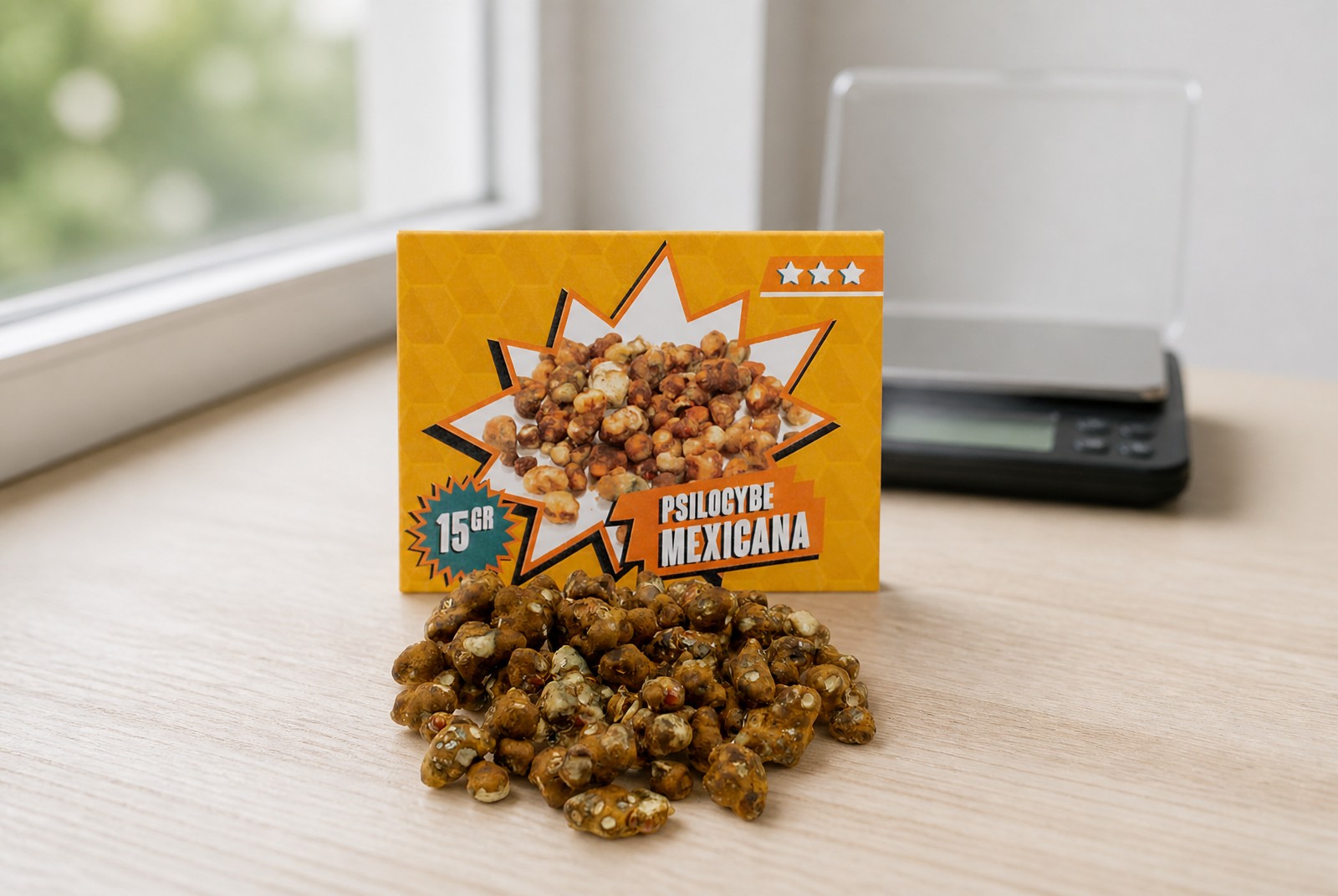 Mexicana Magic Truffles: verpakking en truffels naast een precisieweegschaal