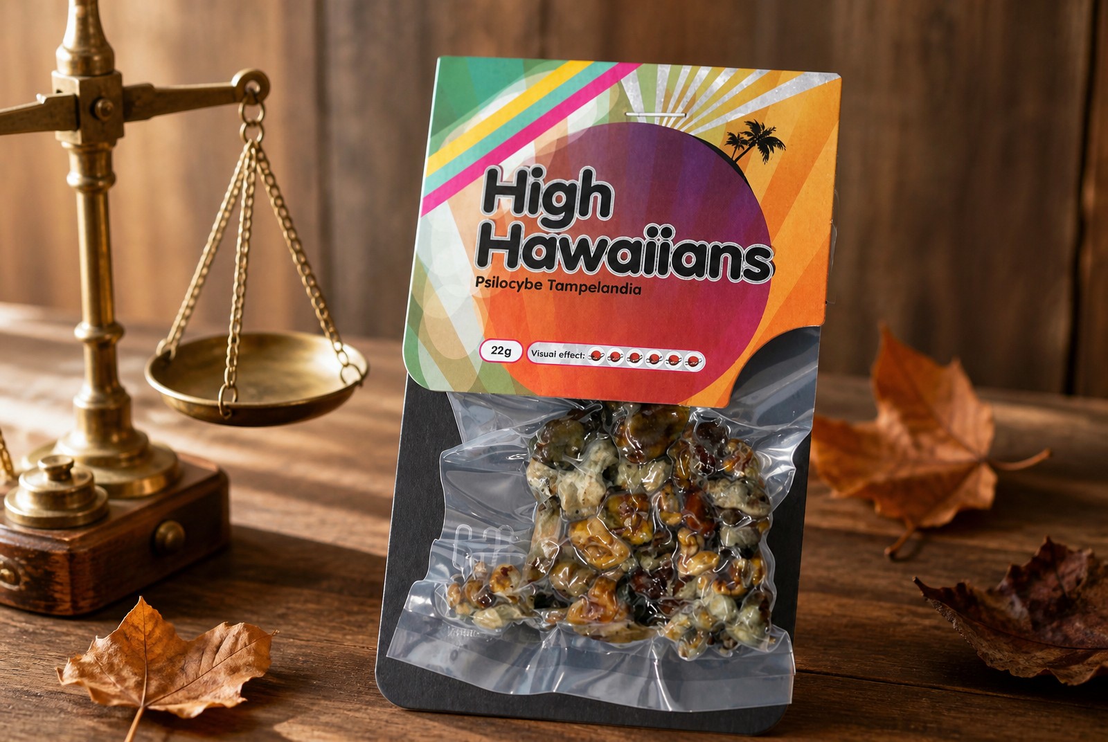 High Hawaiians magic truffels verpakking op houten tafel