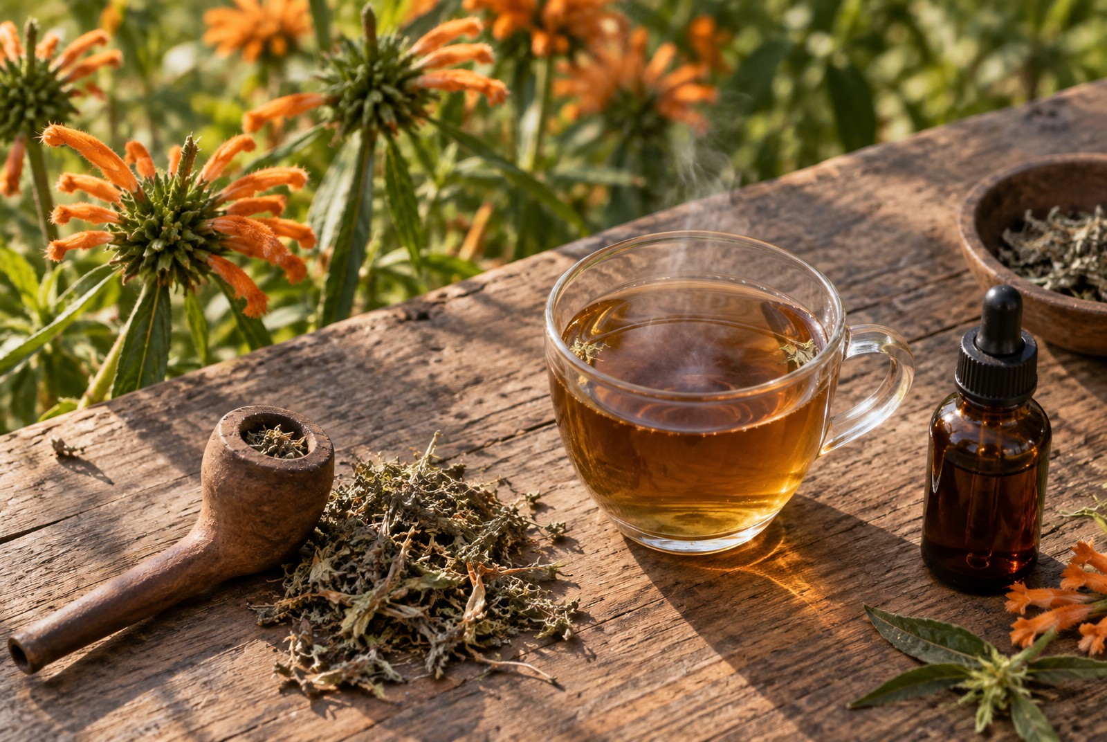Wild dagga: pijp met kruid, dampende thee en druppelflesje extract op een houten tafel