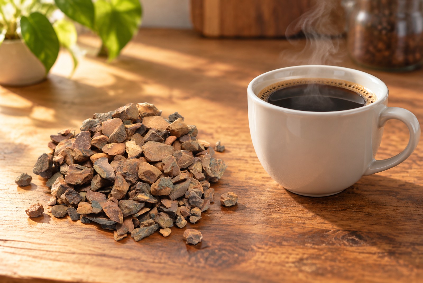 Colanoten naast een kop koffie op een houten tafel