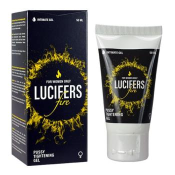 Lucifers Fire Pussy Tightening Gel 50 ml, zwarte tube en doos met vlamdesign voor vrouwen