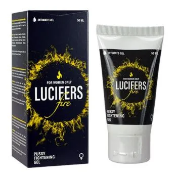 Lucifers Fire Pussy Tightening Gel 50 ml, zwarte tube en doos met vlamdesign voor vrouwen