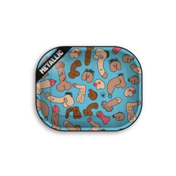 Metalen rolling tray Dick Pattern van Fire-Flow, 140 x 180 mm, lichtblauwe metallic print met cartoonpiemels