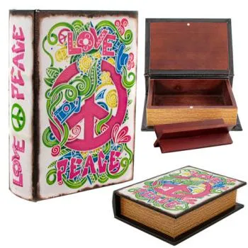 Stash Book Love and Peace, houten opbergboek met roze peace-teken en bloemen