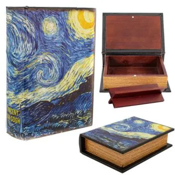 Stash Book Starry Night, houten opbergboek met De Sterrennacht van Van Gogh, dicht en open