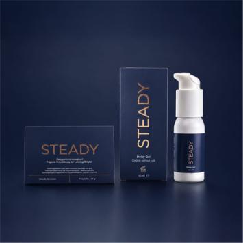 Pompflacon STEADY Delay Gel, achterkant met iconen condoomvriendelijk en vegan