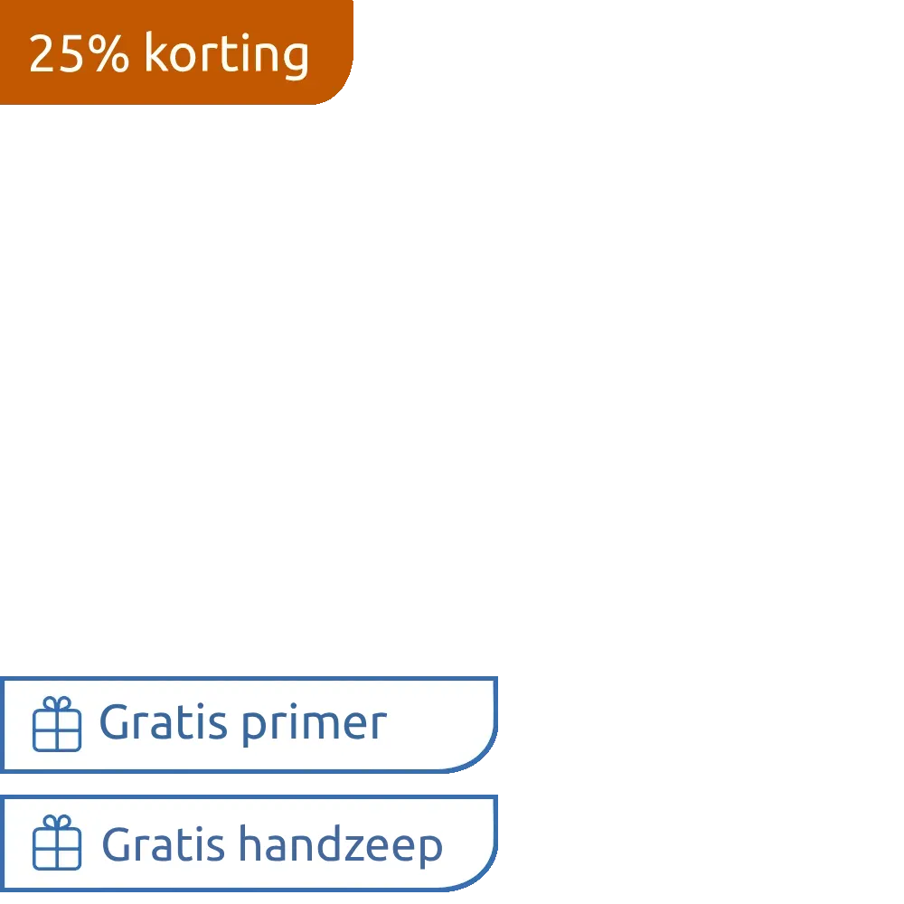 Actielabel 25 procent korting met gratis hadnzeep en primer cadeau