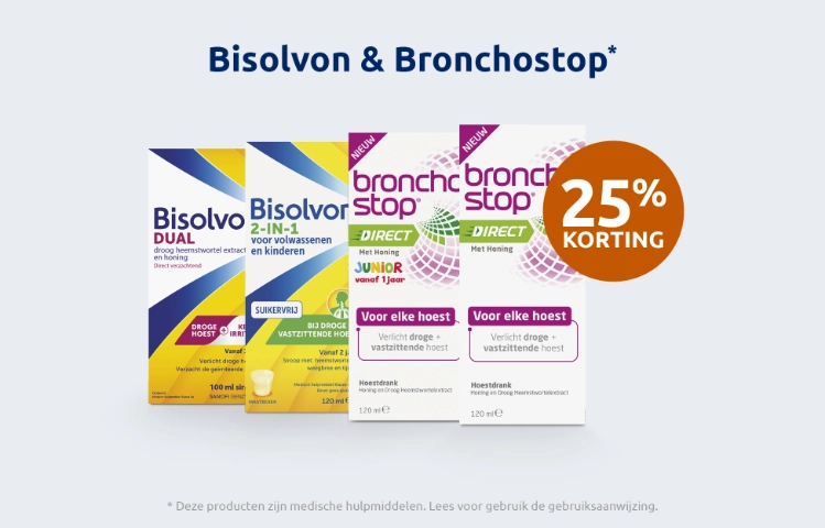 Afbeelding met aanbieding voor Bisolvon en Bronchostop met 25% korting