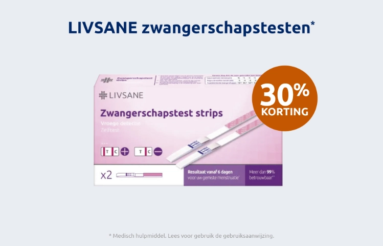 Afbeelding met aanbieding voor LIVSANE zwangerschapstesten met 30% korting