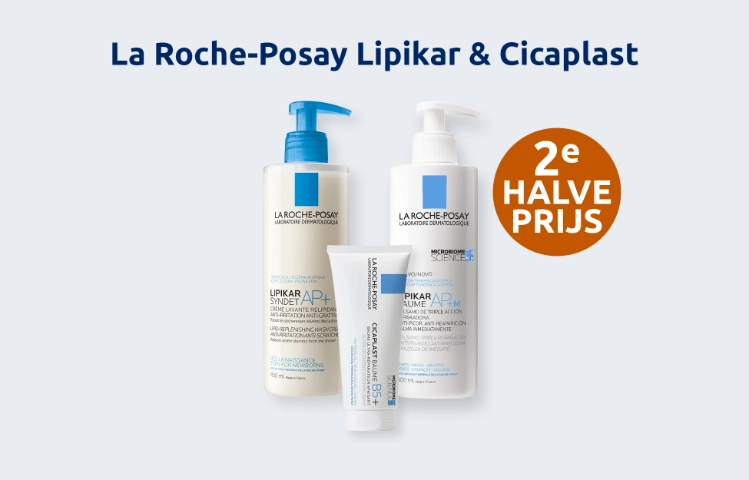 Afbeelding met aanbieding voor La Roche-Posay Lipikar en Cicaplast met tweede halve prijs korting