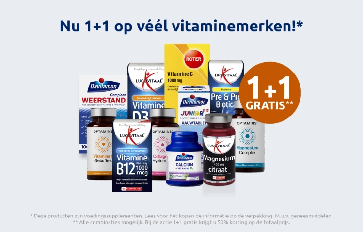 Afbeelding met aanbieding voor diverse vitaminemerken met 1 plus 1 gratis korting