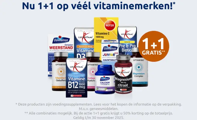 Afbeelding met acties voor diverse vitaminemerken met 1+1 gratis korting.