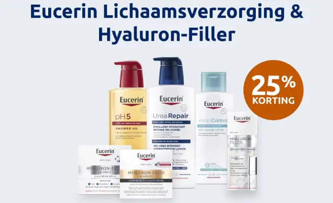 Actiebanner voor Eucerin Lichaamsverzorging en hyaluron-filler met oranje bol die 25% korting aangeeft.