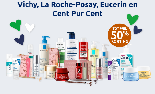 Actiebanner voor de merken Vichy, La Roche-Posay, Eucerin en Cent Pur Cent met kortingen tot wel 50%
