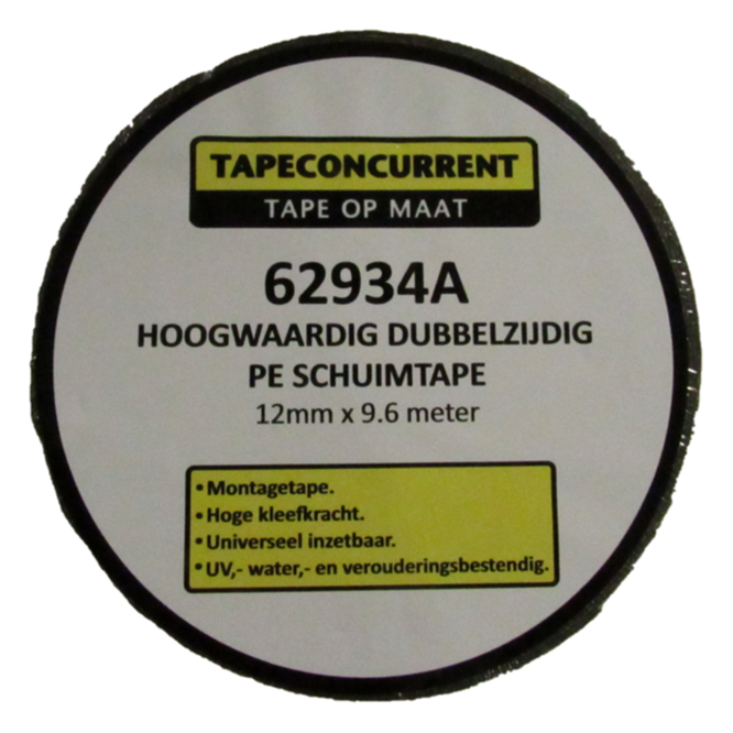 62934A Tapeconcurrent  dubbelzijdig PE schuimtape 0.8mm x 12mm x 9.6 meter Zwart