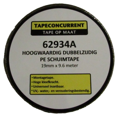 62934A Tapeconcurrent  dubbelzijdig PE schuimtape 0.8mm x 19mm x 9.6 meter Zwart