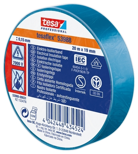 Tesa 53988 PVC isolatietape (0.15mm) 19mm x 20 meter Blauw