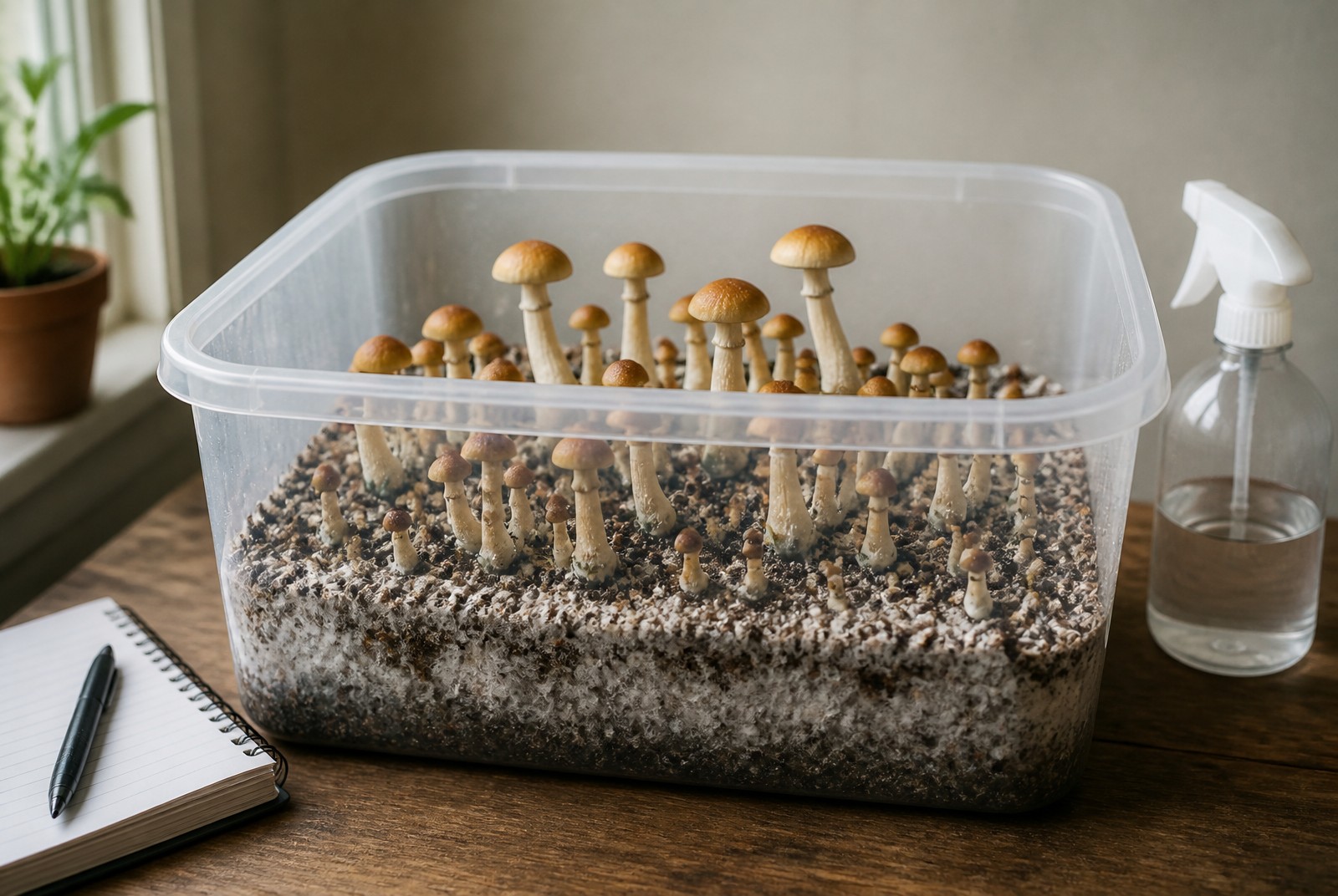 Golden Teacher paddenstoelen groeien in een monotub kweekbak