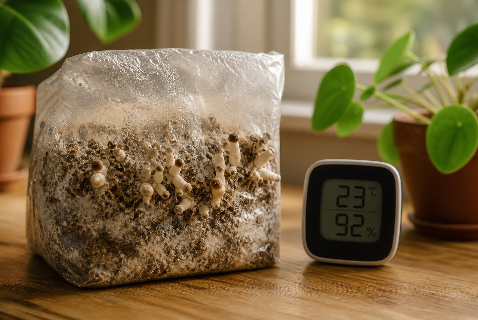 Magic mushroom grow kit with thermometer and hygrometer in optimal growing environment