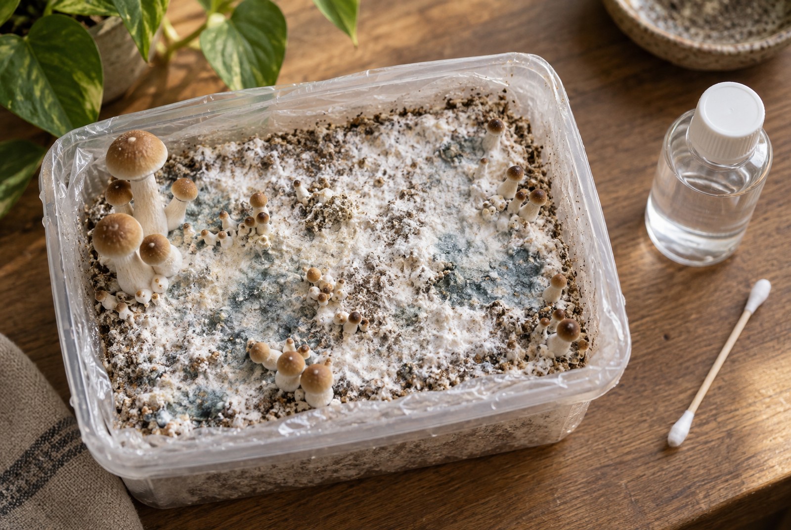 Close-up of mycelium in a magic mushroom grow kit with subtle blue bruising