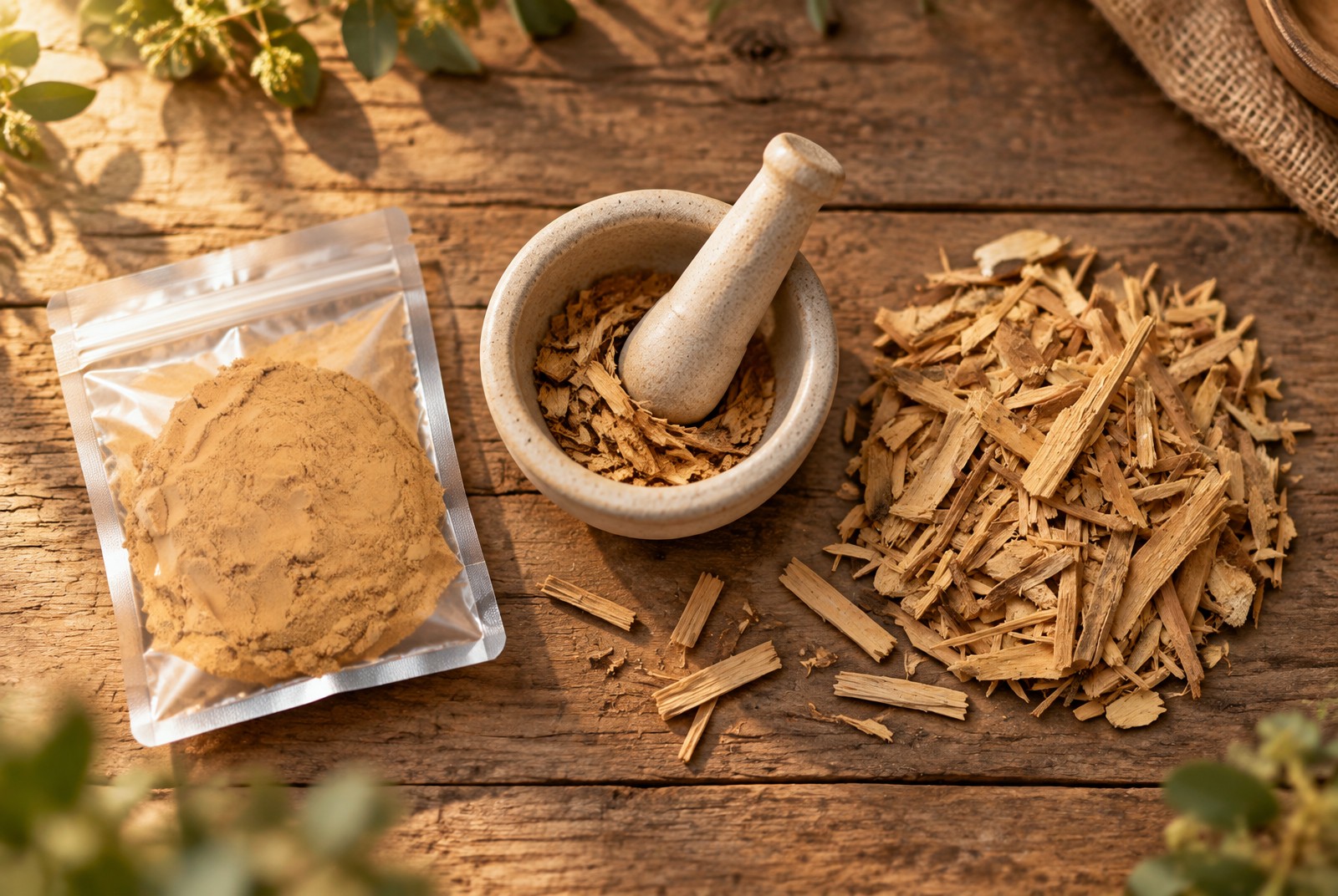 Muira puama bast en extract op een houten ondergrond