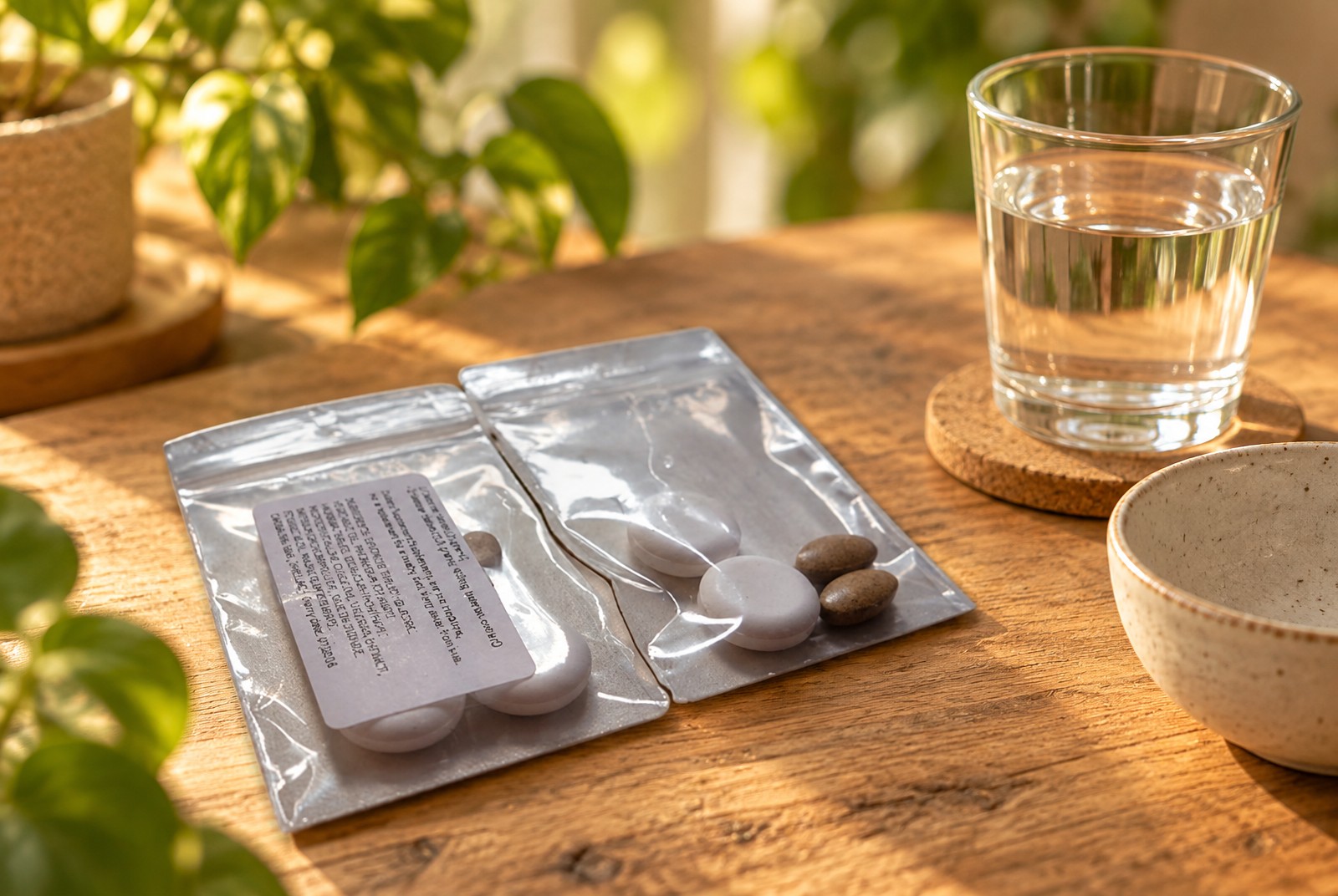 Mushroom Stopper package with valerian capsules and dextrose tablets on a wooden surface