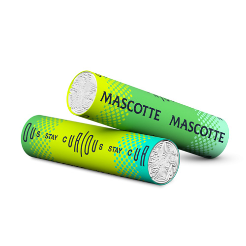 Close-up of green Mascotte active filters with logo and carbon filling