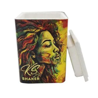 Cone filler shaker Rasta Girl for 25 king size cones, painted portrait of a woman in red, yellow and green with loose lid