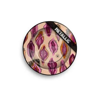 Metal ashtray Pussy Pattern by Fire-Flow, 135 mm, metallic print with stylised vulvas in pink and purple, top view