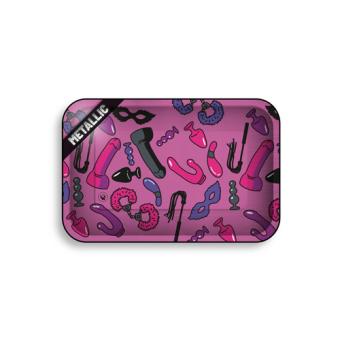 Metal rolling tray Sex Toy Pattern by Fire-Flow, 275 x 175 mm, pink and purple metallic print with sex toys